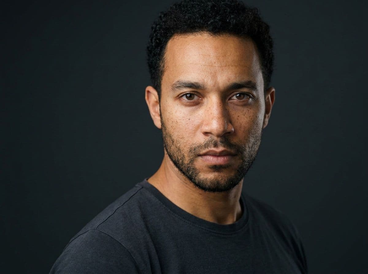 Moody theatrical AI actor headshot on a dark charcoal backdrop