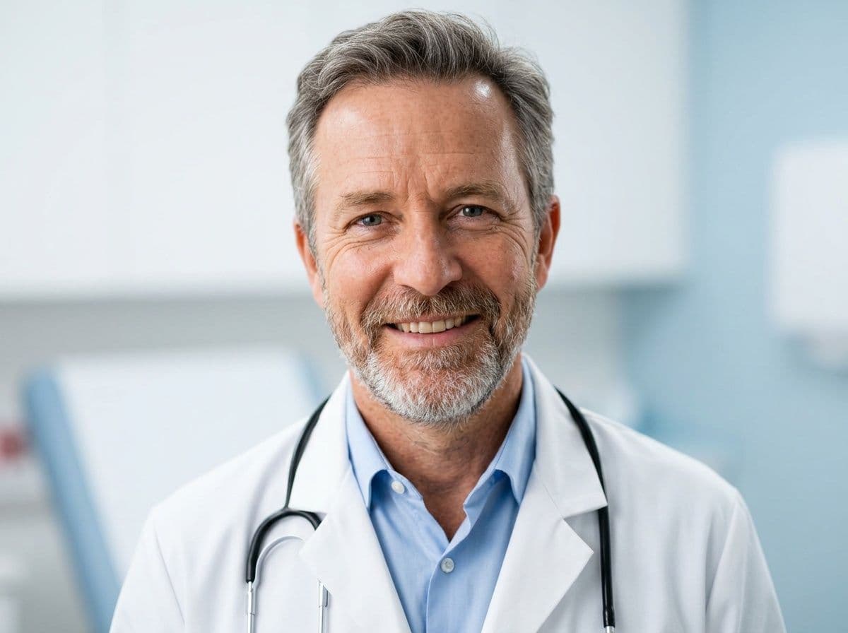 AI doctor headshot in a white coat with stethoscope in a medical office