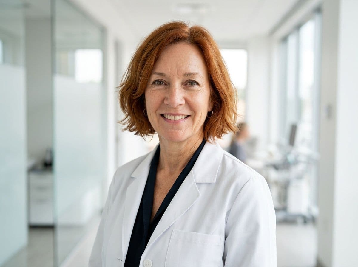 AI dentist headshot in a white coat in a bright clinic hallway