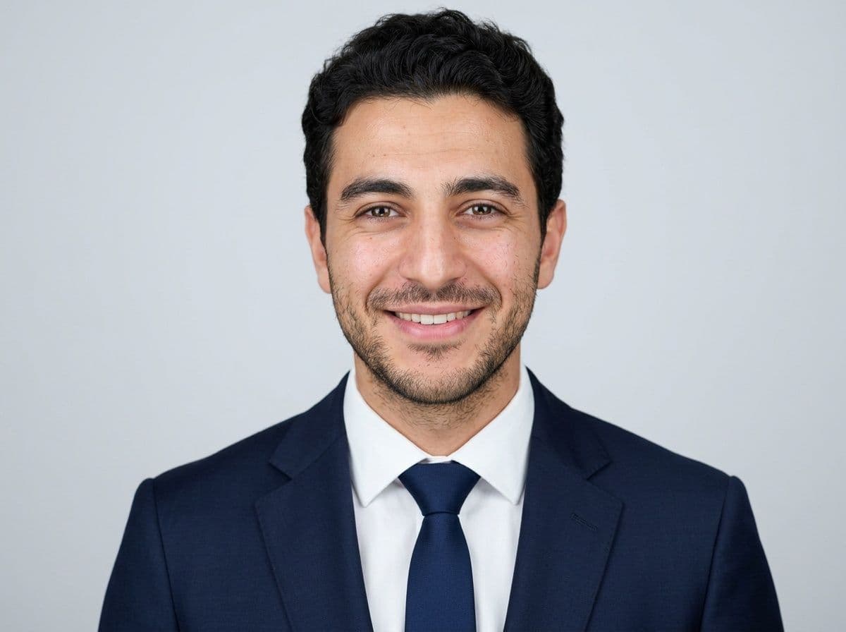 AI generated residency headshot in a navy suit and tie