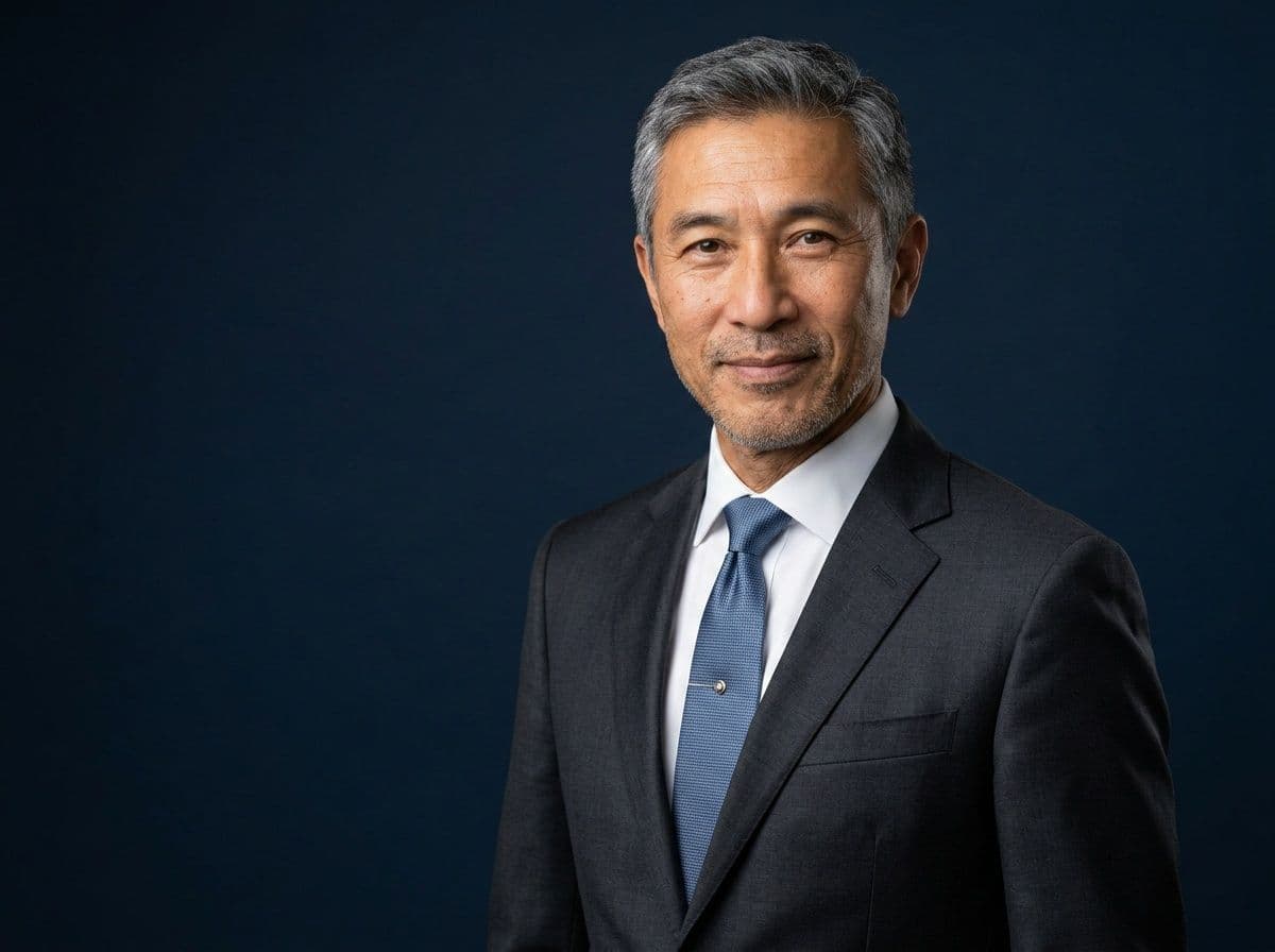 AI executive headshot with a dark navy backdrop and tailored suit
