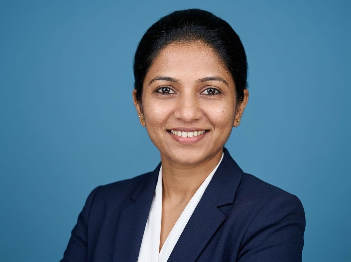 AI executive headshot of a woman in a modern navy suit on a medium blue backdrop