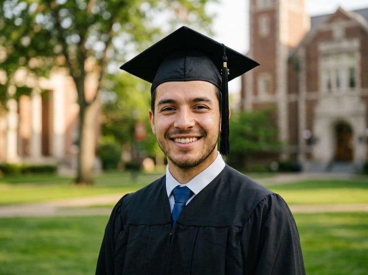 AI graduation photo with cap and gown on a campus lawn