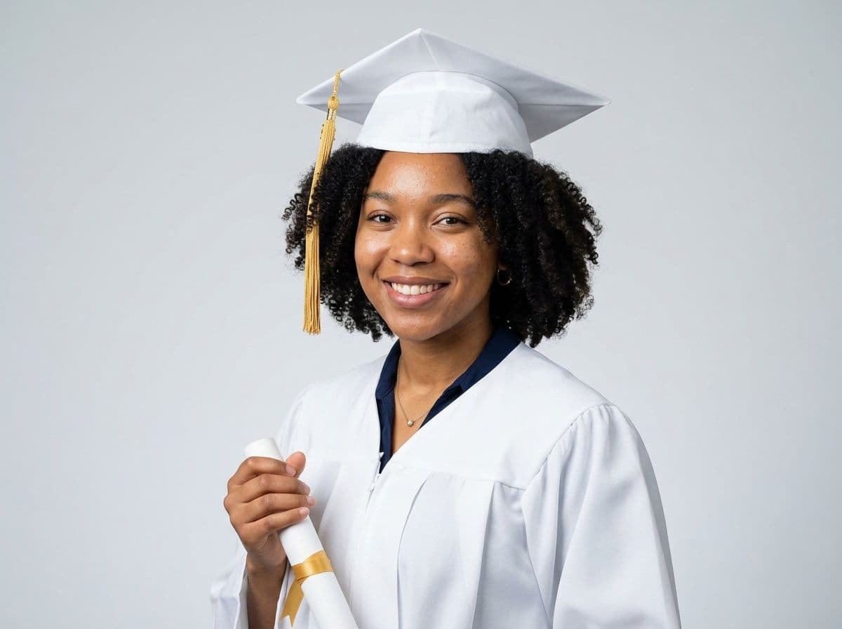 AI graduation portrait in a white cap and gown