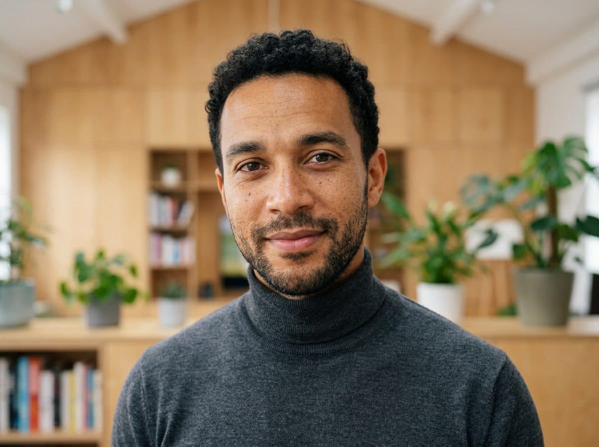 AI LinkedIn headshot of a professional man in a modern workspace