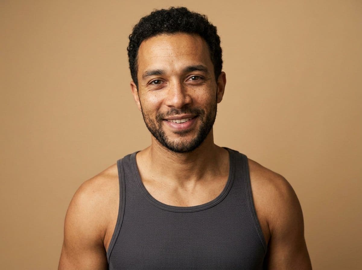 AI model headshot of a man in a fitted tank on a warm neutral backdrop