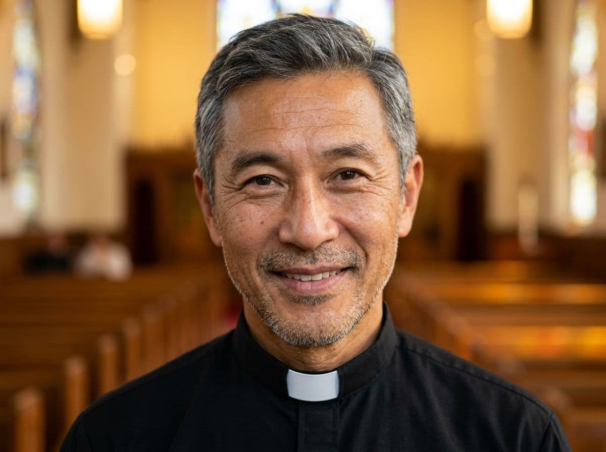 AI clergy headshot with clerical collar in warm church light