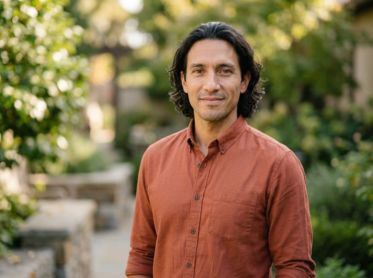 Warm AI pastor headshot in a peaceful garden setting