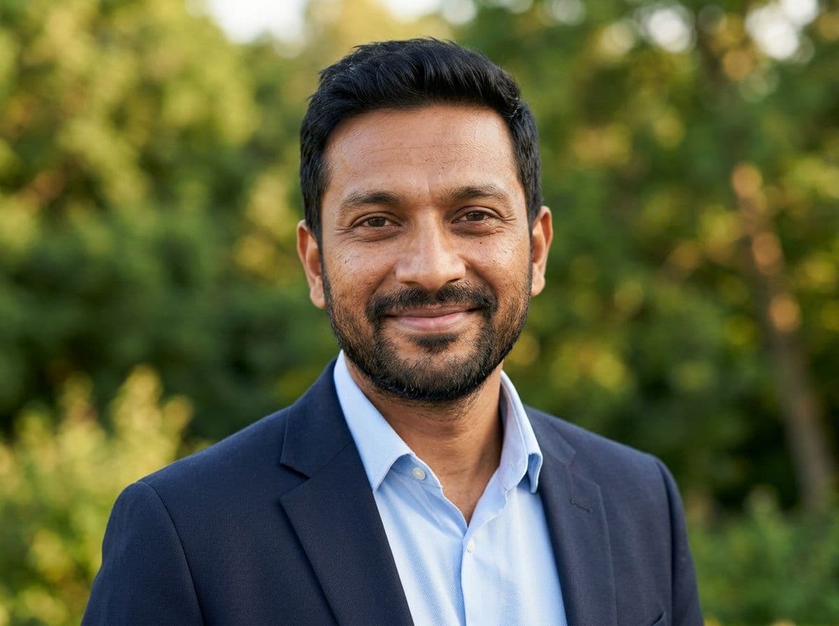 AI realtor headshot with warm outdoor greenery backdrop