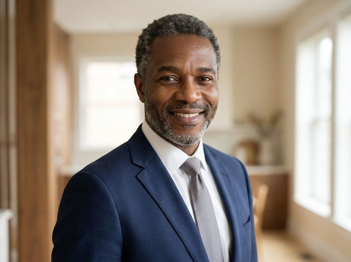 AI realtor headshot in a navy suit inside a bright upscale home