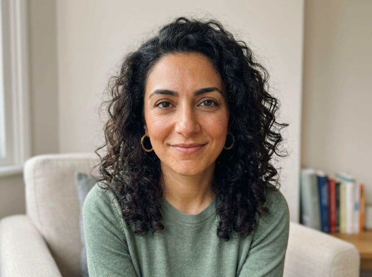 Warm AI therapist headshot in a softly blurred therapy office
