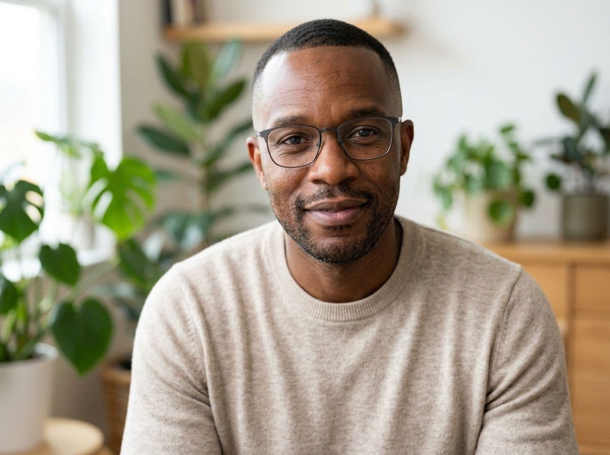 AI therapist headshot in a bright plant-filled interior